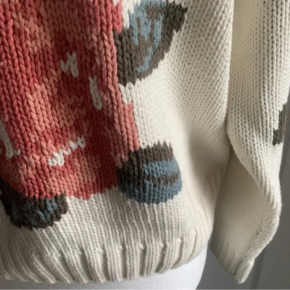 Mexx Sweater 100% Cotton Floral Motifs Jacquard 80s 90s MultiColor Pink Cream S - Picture 7 of 11